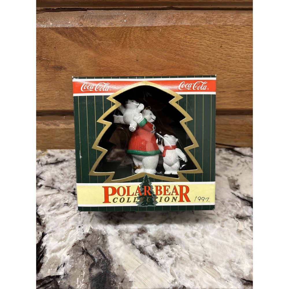 1996 Coca-Cola Polar Bear Collection Ornament Papa Bear and Cubs Decorating Tree